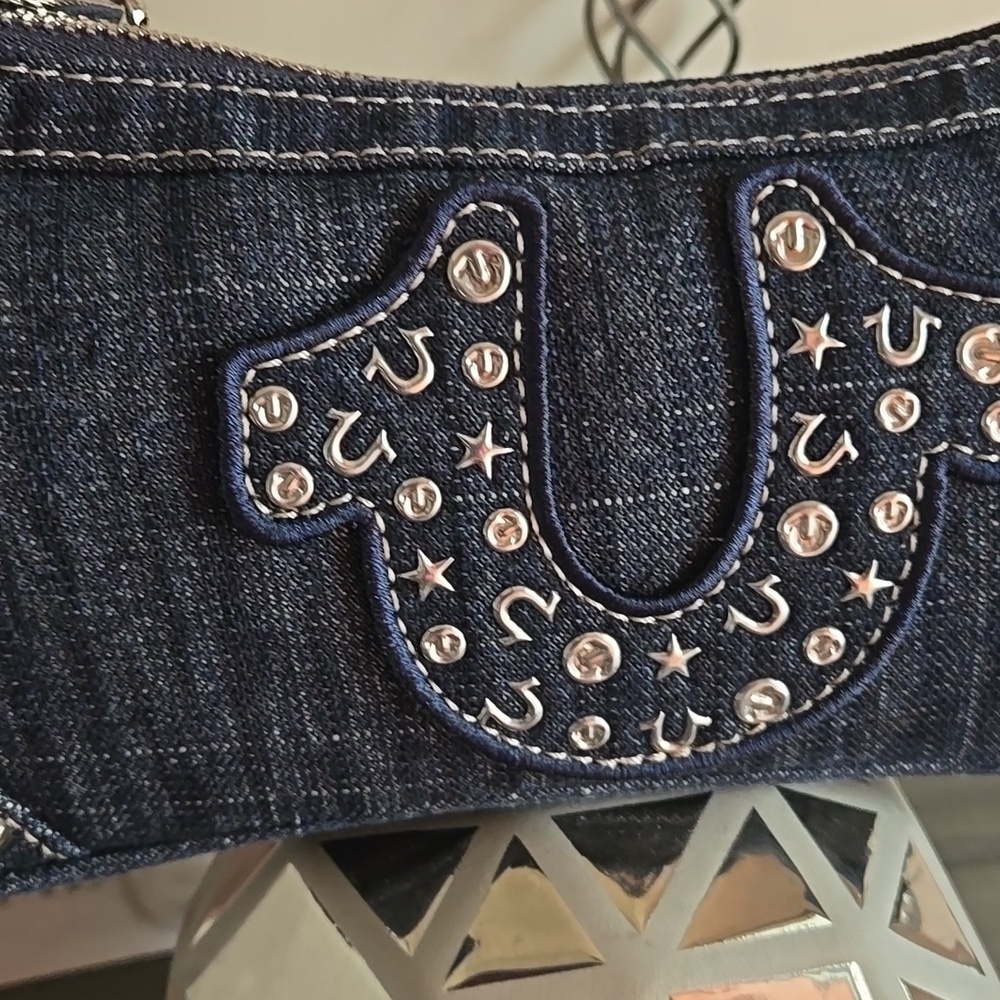 True Religion Rhinestone Studded Horseshoe Denim Shoulder Bag - Picture 2 of 10